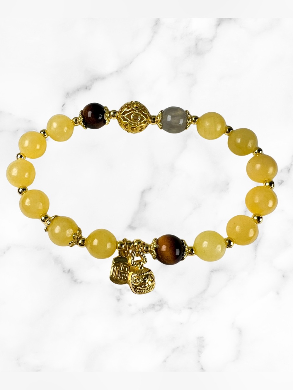 Citrine Beaded Stretch Bracelet Fu Good Fortune Charms Chinese Style Gold Tone